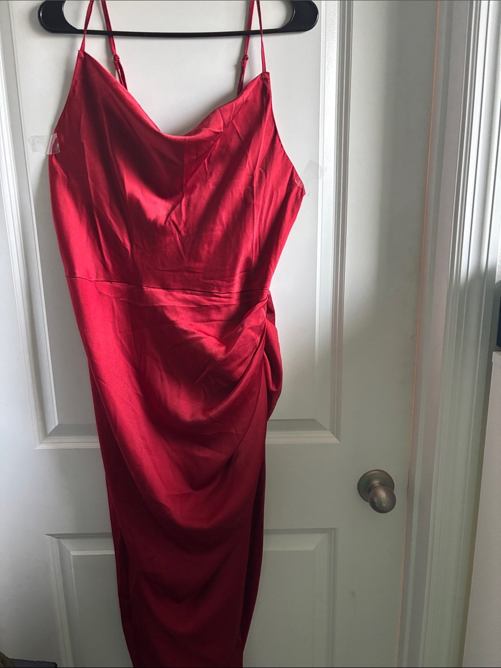 SHEIN Red Satin Cowl-Neck Maxi Dress with Draped Side